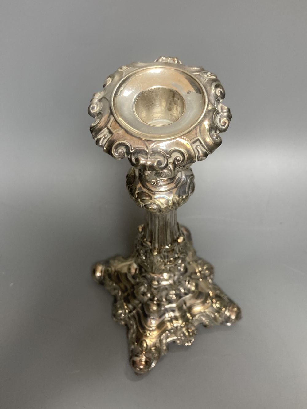 A silver plated twin light candelabrum, rococo style, hollow construction, 41cm high
